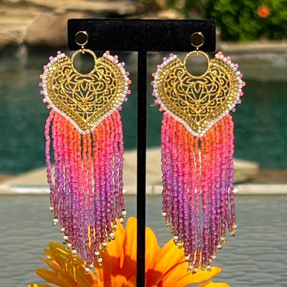 Handmade Beaded Long Fringe Dangle Drop Lightweight Sweetheart Post Earrings - Picture 5 of 10